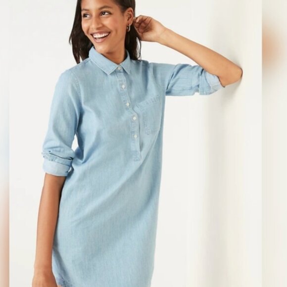 Old Navy Long Sleeve Shirt Dress Denim Chambray Blue Button Front Large NWT - Picture 1 of 12